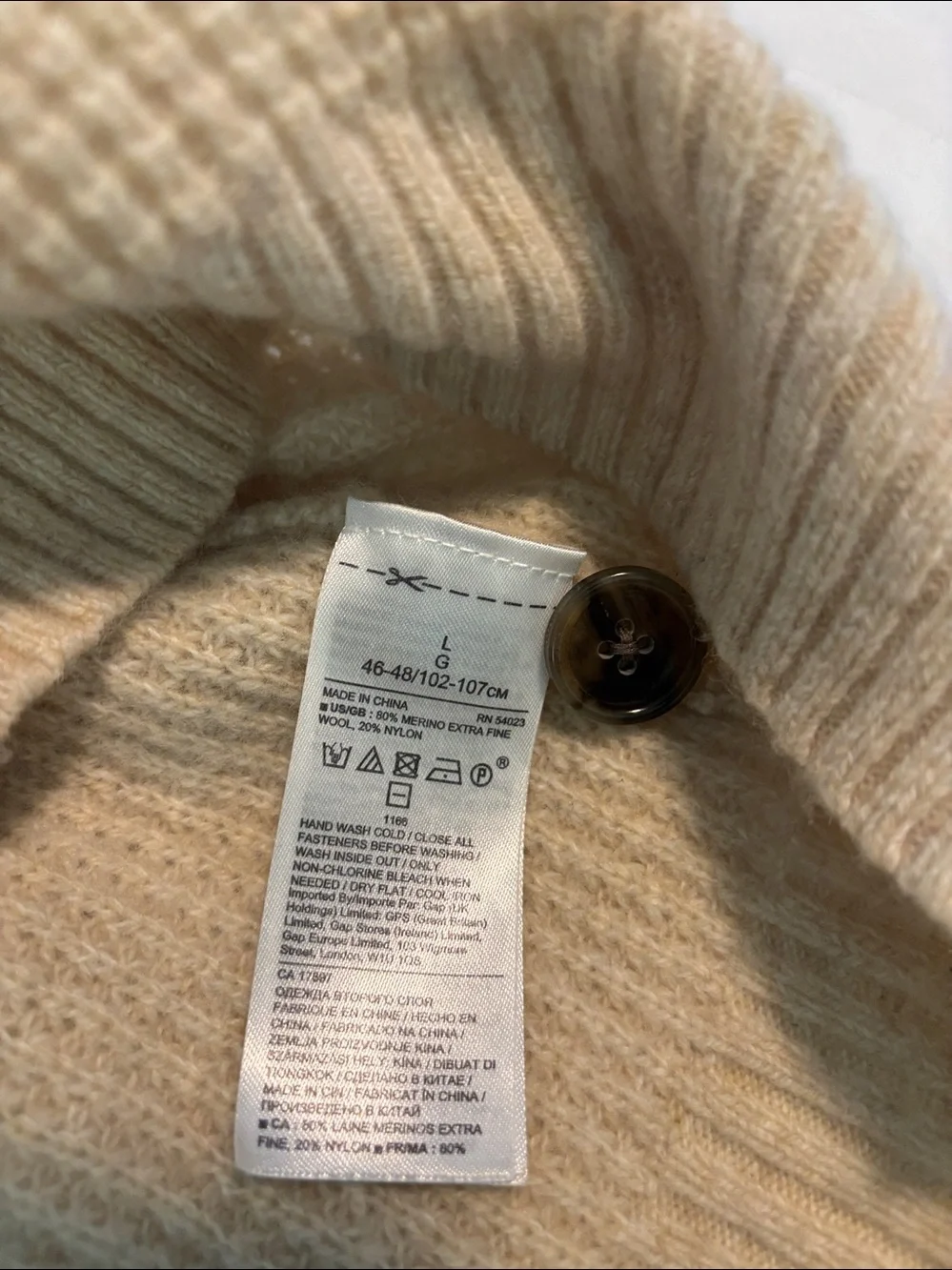 Banana Republic Marino Wool Men's Cream Waffle-Knit Button Mock Neck Sweater